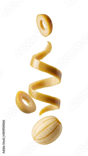 Uncooked Italian pasta shapes isolated on black background, spiraled and ring noodles floating, perfect for cooking or culinary design