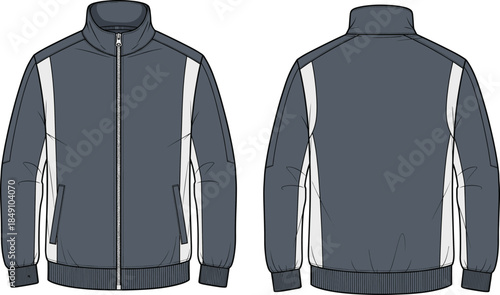 Athletic jacket vector, front and back view, high collar, zip front, ribbed cuffs, technical fashion sketch, sportswear design template