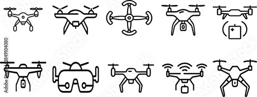 Drone Line Art Set Flat Vector Illustration on White Background