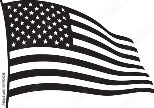 Black and white waving american flag isolated on white background