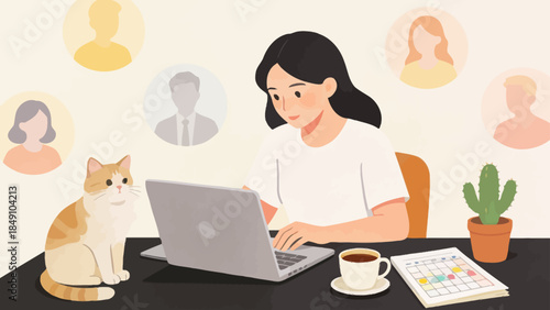 Woman working with cat and colleagues