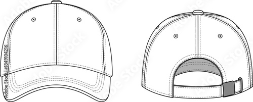 Baseball cap vector, technical fashion sketch, front and back view, curved brim, buckle strap, panel seams, garment illustration template