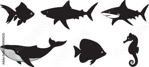 Set of diverse marine animal silhouettes for aquatic themed designs
