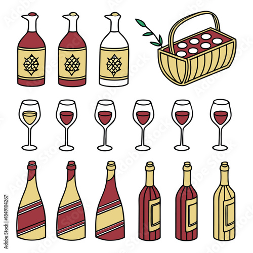 Collection of wine bottles glasses and basket for wine tasting event setup