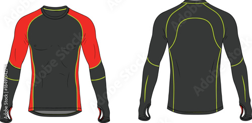 Compression shirt vector, front and back view, long sleeve performance wear, ergonomic seam design, technical fashion sketch, activewear template
