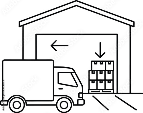A simple line icon showing a delivery truck at a warehouse loading dock with shipping boxes