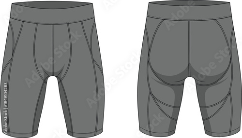 Compression shorts vector, technical sportswear illustration, cycling apparel design, ergonomic fit, seam detail, front and back view, athletic garment template
