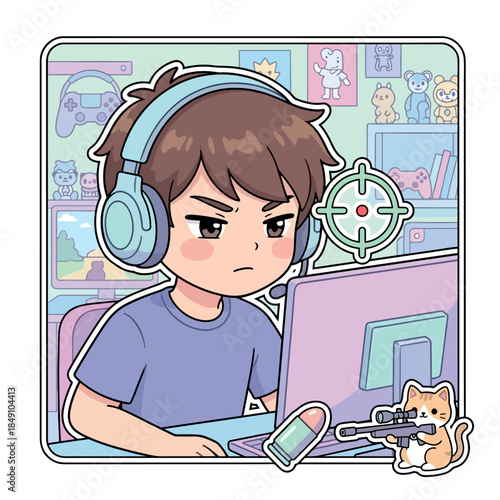 A cute kawaii sticker of a focused gamer boy playing a sniper shooting game with a tactical cat sidekick