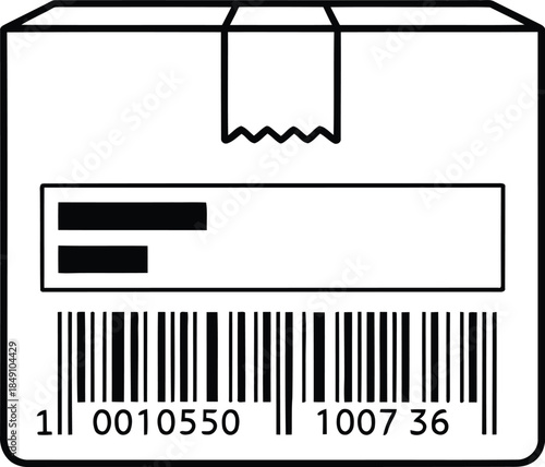 A simple black and white line art illustration of a shipping package with a barcode label.