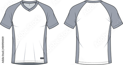 Short sleeve raglan t-shirt vector, front and back view, V-neck sportswear sketch, technical fashion flat, apparel design template