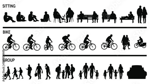 Set of diverse people silhouettes in various activities, including sitting, biking, walking, with pets, and in groups, designed for architectural plans, urban planning, and graphic design
