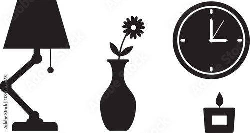 Desk lamp flower vase clock and candle silhouettes icon set home decor objects