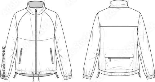 Technical fashion sketch of sporty jacket, front and back view, raglan sleeves, zip pockets, adjustable hem, high collar, garment construction, vector illustration
