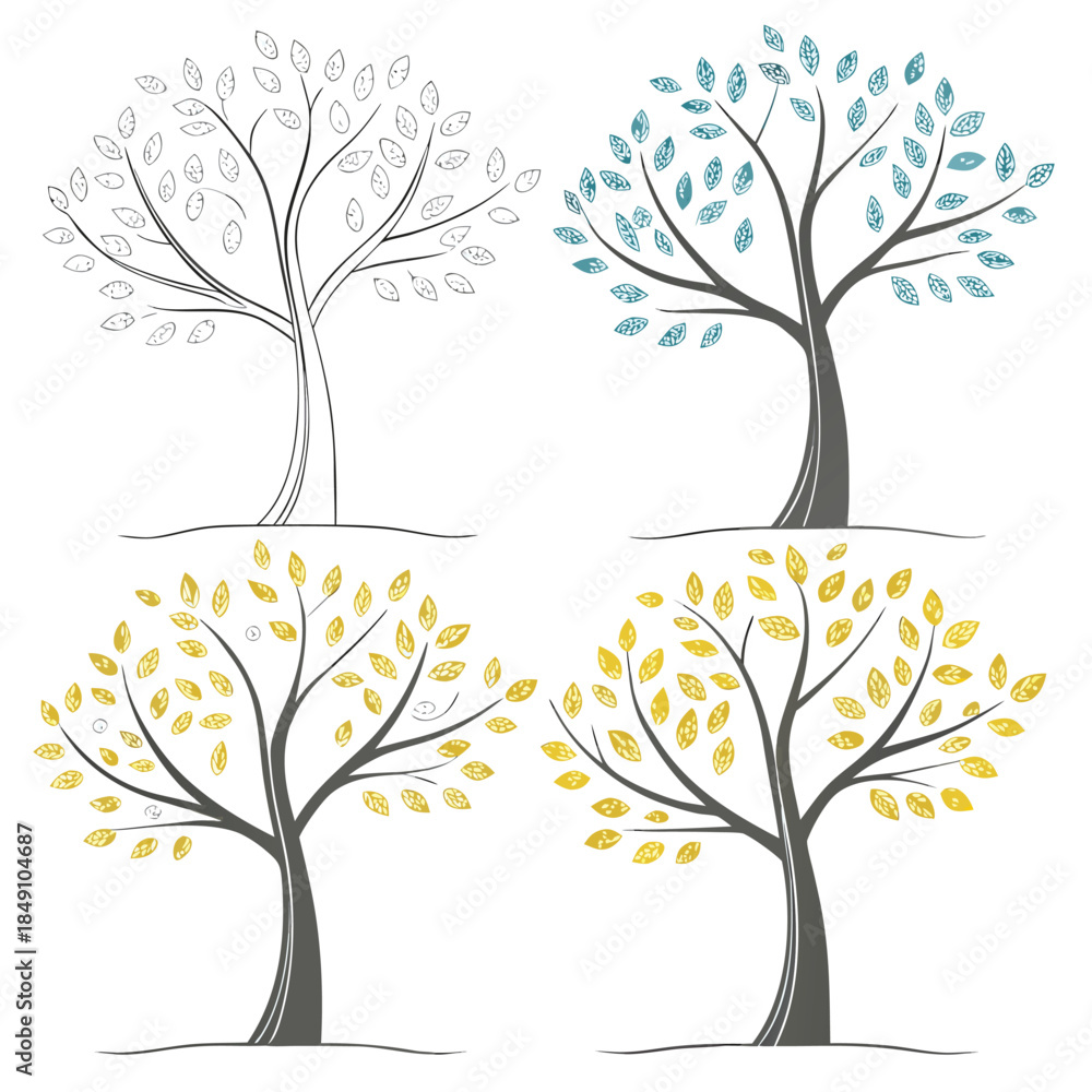 Obraz premium Four Seasonal Trees with Colorful Leaves Illustration Set for Design Projects