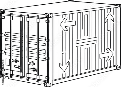 A line art drawing showing a freight shipping container with directional arrows