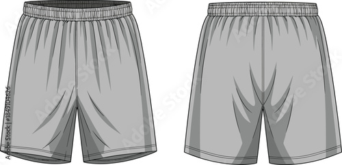 Technical sketch of athletic shorts, front and back view, elastic waistband, loose fit, contour seams, fashion vector illustration, garment design