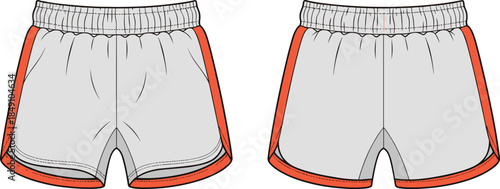 Technical sketch of athletic shorts, front and back view, elastic waistband, red side panels, curved seams, fashion vector illustration, garment design
