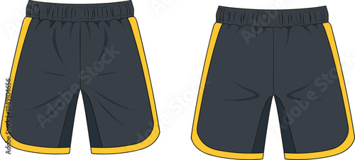 Technical sketch of athletic shorts, front and back view, elastic waistband, yellow trim, loose fit, fashion vector illustration, garment design