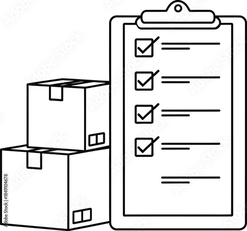 Shipping process verification concept with boxes and checklist line art