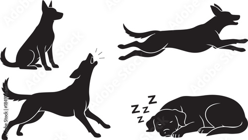 Four black dog silhouettes showcasing diverse poses active playful calm sleeping
