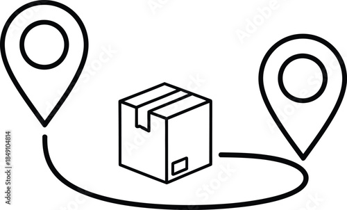Shipment tracking icon with delivery box moving along a route between two destination points