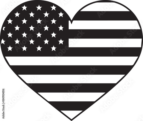 Heart shaped american flag silhouette black and white
