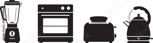 Collection of kitchen appliance silhouettes blender oven toaster kettle minimalist icons