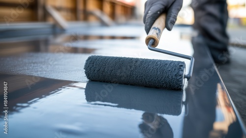 Close-up of a hand using a paint roller to apply gray paint to a surface