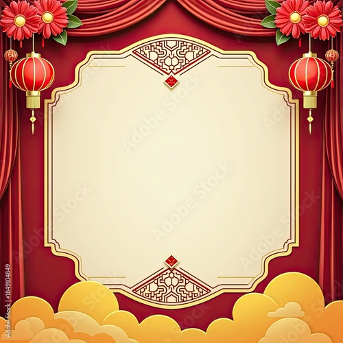 Chinese New Year Red Theater Stage Background with Hanging Lanterns, Red Curtains and Decorative Frame