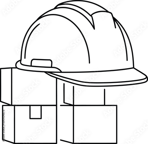 Hard hat resting on a pile of cardboard boxes black line drawing