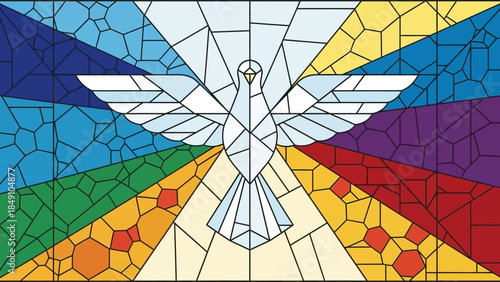Vibrant stained glass dove with outstretched wings in rainbow colors