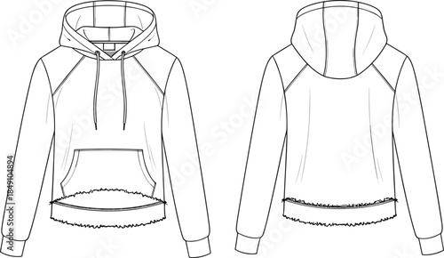 Technical sketch of hooded sweatshirt, front and back view, drawstring hood, raglan sleeves, kangaroo pocket, raw hem, fashion vector illustration