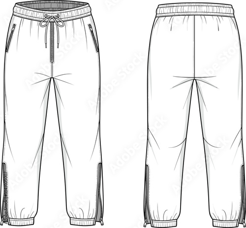 Technical sketch of pants, front and back view, elastic waistband, drawstring hem, zip pockets, seam details, fashion vector illustration, garment design