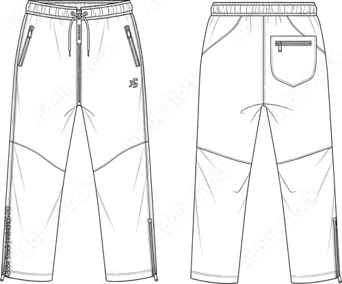 Technical sketch of pants, front and back view, elastic waistband, zippered pockets, drawstring hem, seam details, fashion vector illustration, garment design