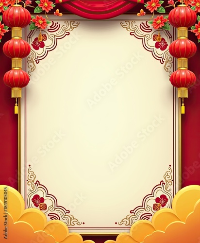 Chinese New Year Red Theater Stage Background with Hanging Lanterns, Red Curtains and Decorative Frame