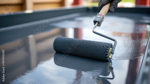 A hand in a black glove uses a paint roller to apply gray paint to a surface