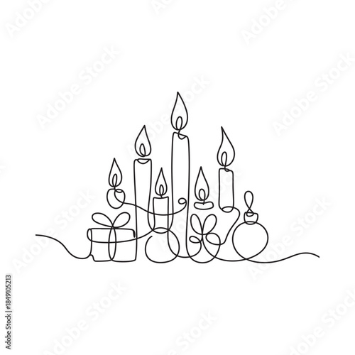 Minimalist line art illustration of burning candles gifts and holiday ornaments