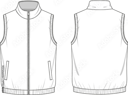 Technical sketch of sleeveless vest, front and back view, high collar, zip pockets, elastic hem, fashion vector illustration, garment design