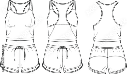 Technical sketch of women’s athletic outfit, tank top and shorts, front, back, rear view, racerback, curved hem, fashion vector illustration