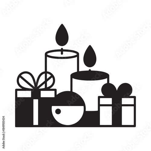 Black and white illustration of candles gifts and a decorative ball