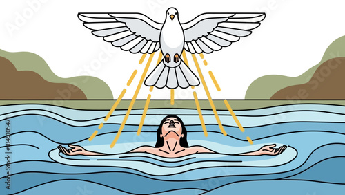 Serene woman floating on water with dove above her