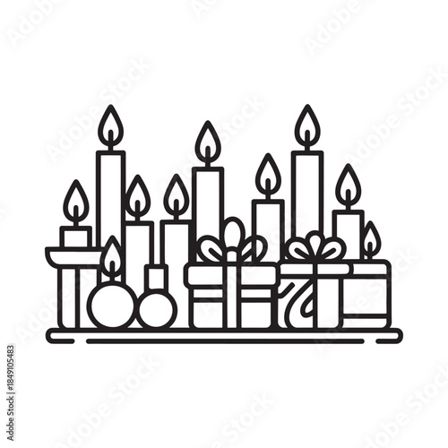 Festive arrangement of candles gifts and ornaments on a decorative tray