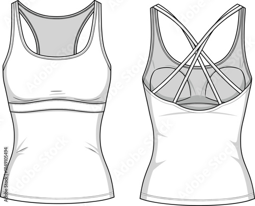 Women's athletic tank top vector, technical fashion sketch, scoop neck front, crisscross strap racerback, built-in bra design, garment illustration template