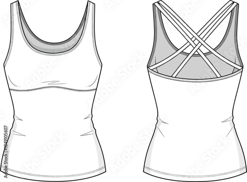Women's tank top vector, technical fashion sketch, scoop neck front, crisscross strap back, fitted silhouette, garment design, apparel illustration template