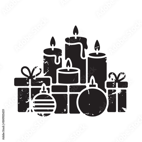 A festive arrangement of candles gifts and christmas ornaments in black