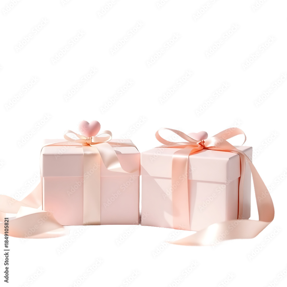 Obraz premium Two Elegant White Gift Boxes with Peach Satin Ribbon Bows on White Background – Luxury Present Packaging for Special Occasions
