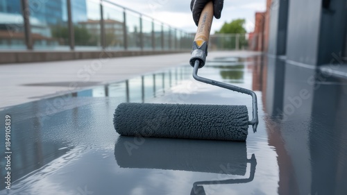 Worker painting a rooftop terrace with a roller, applying grey sealant to the wet surface.