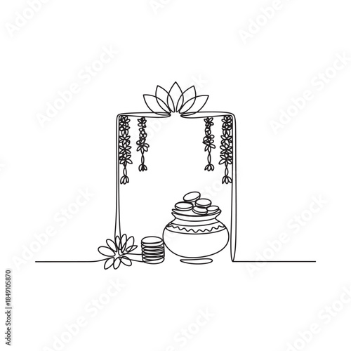 Minimalist line drawing of a decorative arch with floral and ritual elements