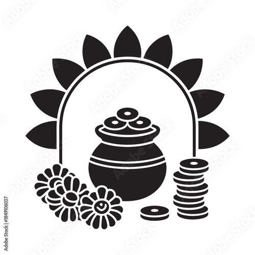 A stylized depiction of a pot coins flowers and a radiant sun behind