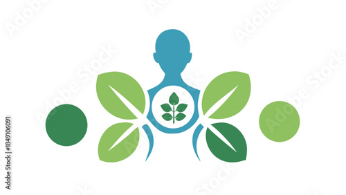Abstract human silhouette combined with leaf and circle shapes, holistic health and wellness harmony concept